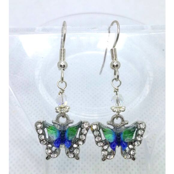 Whimsical Dangle Butterfly Charm Earrings Handmade Blue Colorful Wings Sparkle - Picture 1 of 10